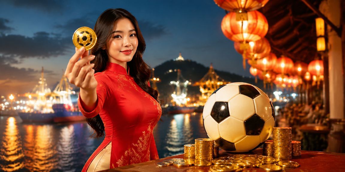 Cảnh phố cổ Hội An với người dùng theo dõi kết quả cá cược bóng đá trên điện thoại